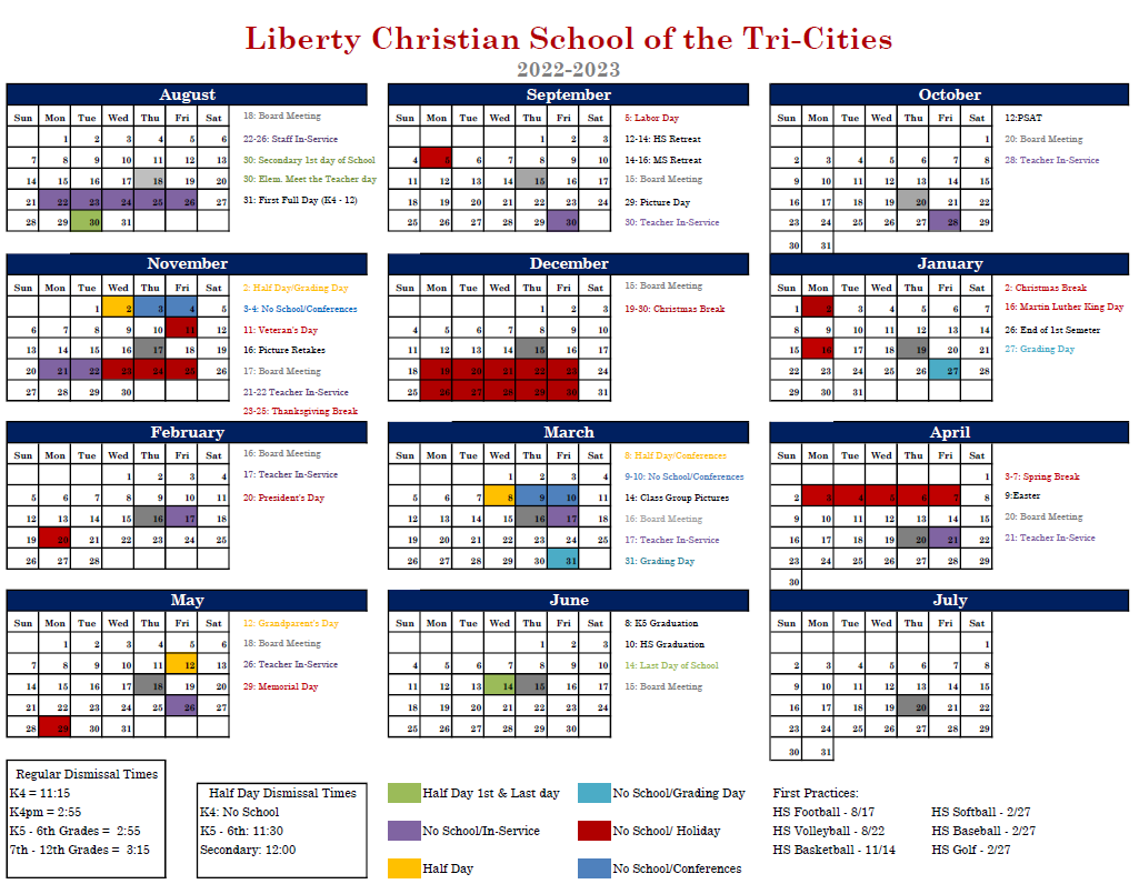 Master Annual Calendar - Liberty Christian School